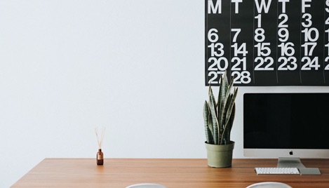 A desk with two plants and a computer, under a stylized wall calendar